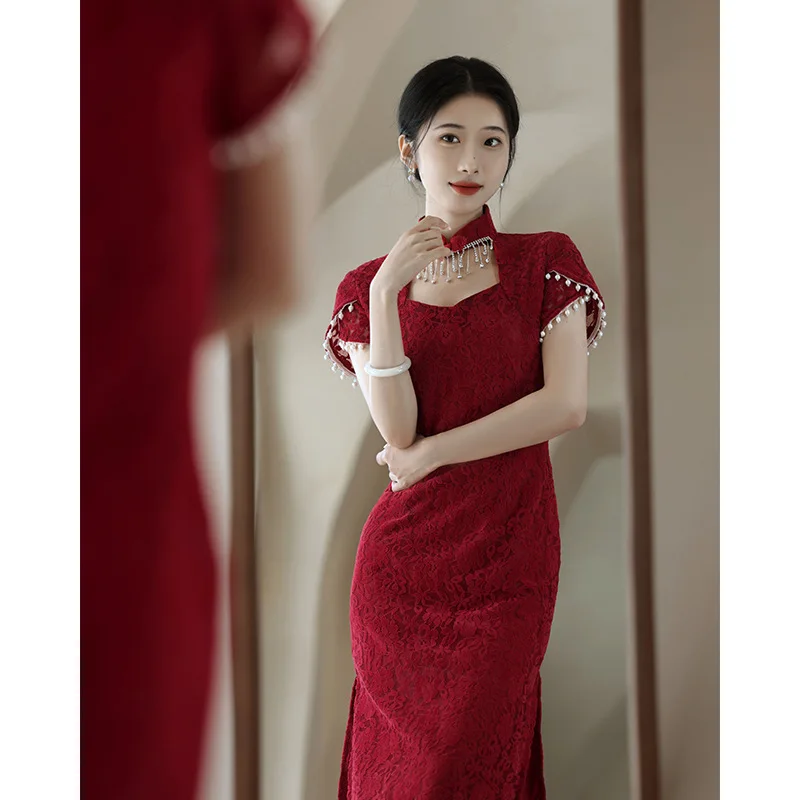 Chinese Style Cheongsam Elegant Dress Hollow Out Collar Qipao Women Sexy Lace Flower Vestidos New Year Burgundy Party Dresses