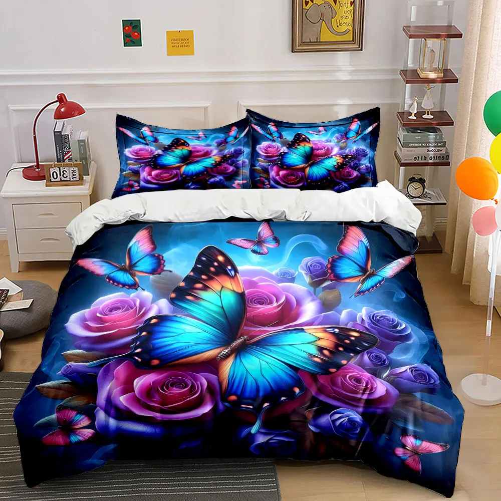 Vibrant butterflies with rose bouquet Bedding Set for Kids Luxury Gift 3pcs Digital Print Comforter Set Soft Comfortable