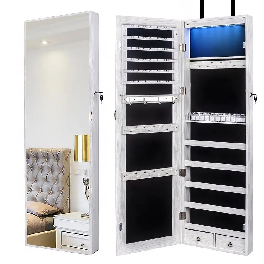 

47 H Jewelry Armoire Full Length Mirror Cabinet Storage Organizer w LED Light WallMounted DoorHanging Lockable for Bedroom Make