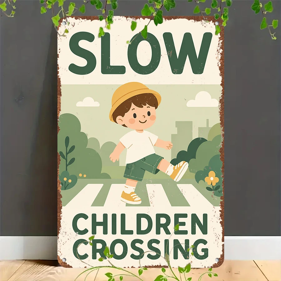 2D flat retro metal tin plate, Vintage Children Crossing Slow Down Tin Sign, Suitable for home, garage, café, bar and garden decoration