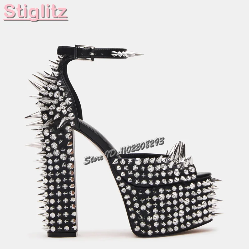 Sexy Spikes Square Heel Sandals Black Peep Toe Shallow Rivet Buckle Strap High Heels 2026 Summer New Women Fashion Party Shoes - view 4