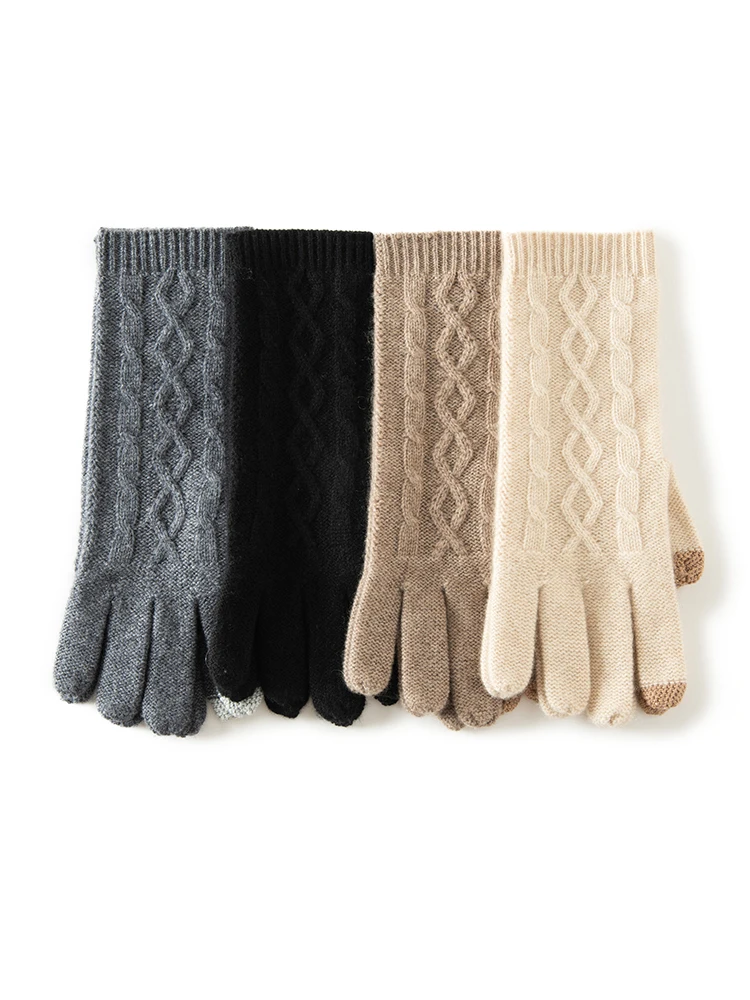 100% echte Kaschmir Strick handschuhe Touchscreen Finger Frauen Herbst Winter dickes Kabel warmes Handgelenk Länge klassischen weiblichen Fäustling