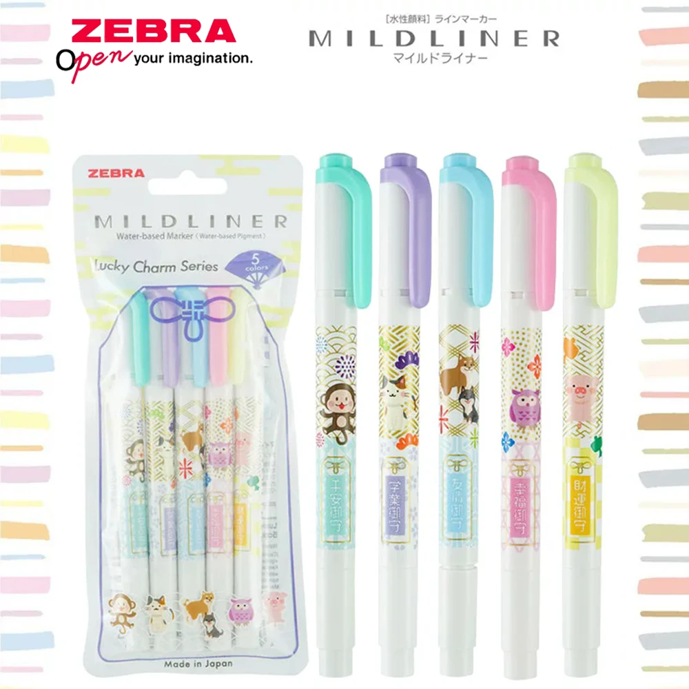

5pcs Japan ZEBRA Highlighters Pen Wishful Limited WKT7 Handbag Marking Double Headed Color Pen Art Stationery School Supplies