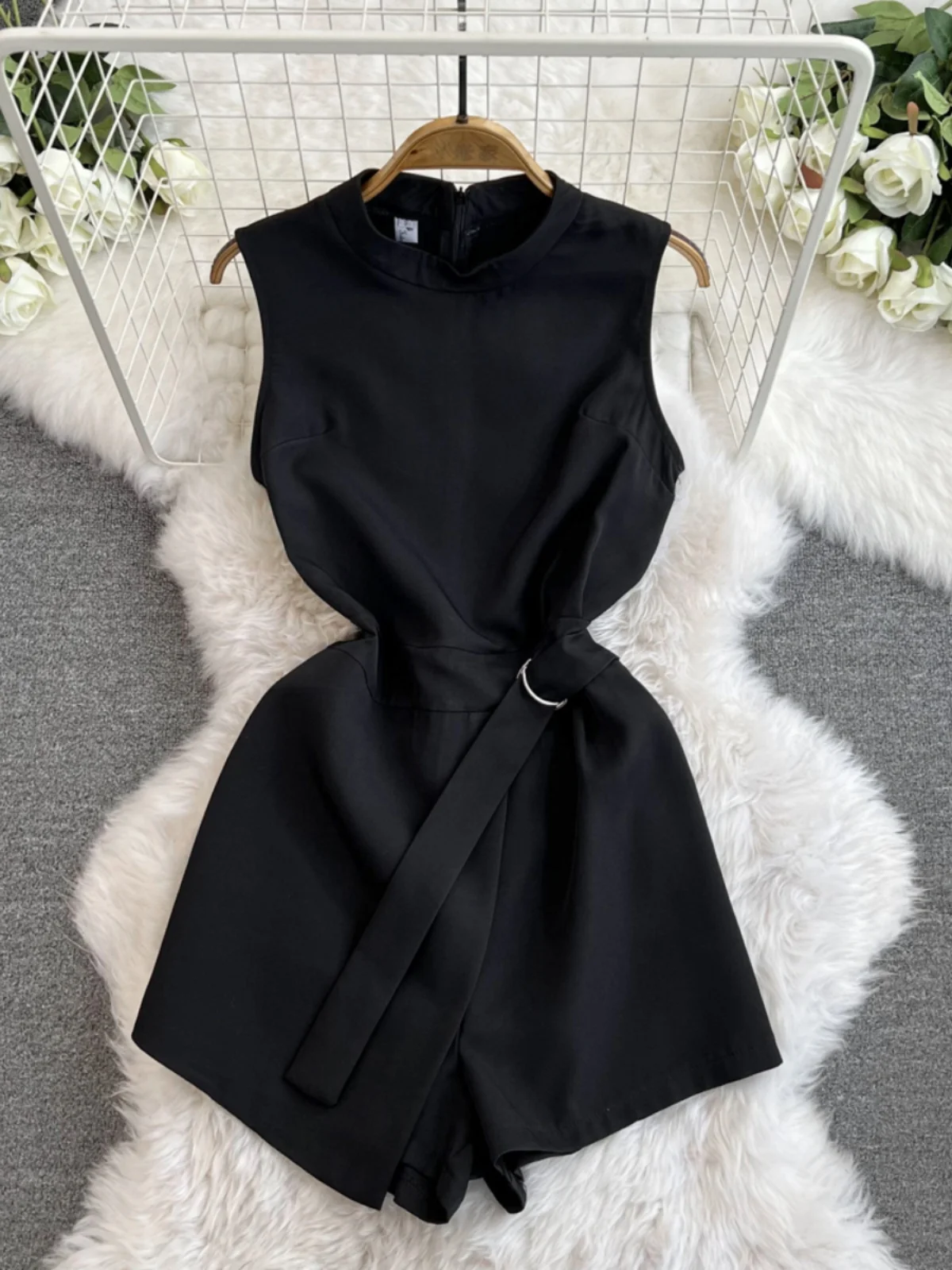 Foamlina Summer Women Black Playsuits 2024 New Elegant Stand Collar Sleeveless High Waist Wide Leg Short Pants One Piece Outfits