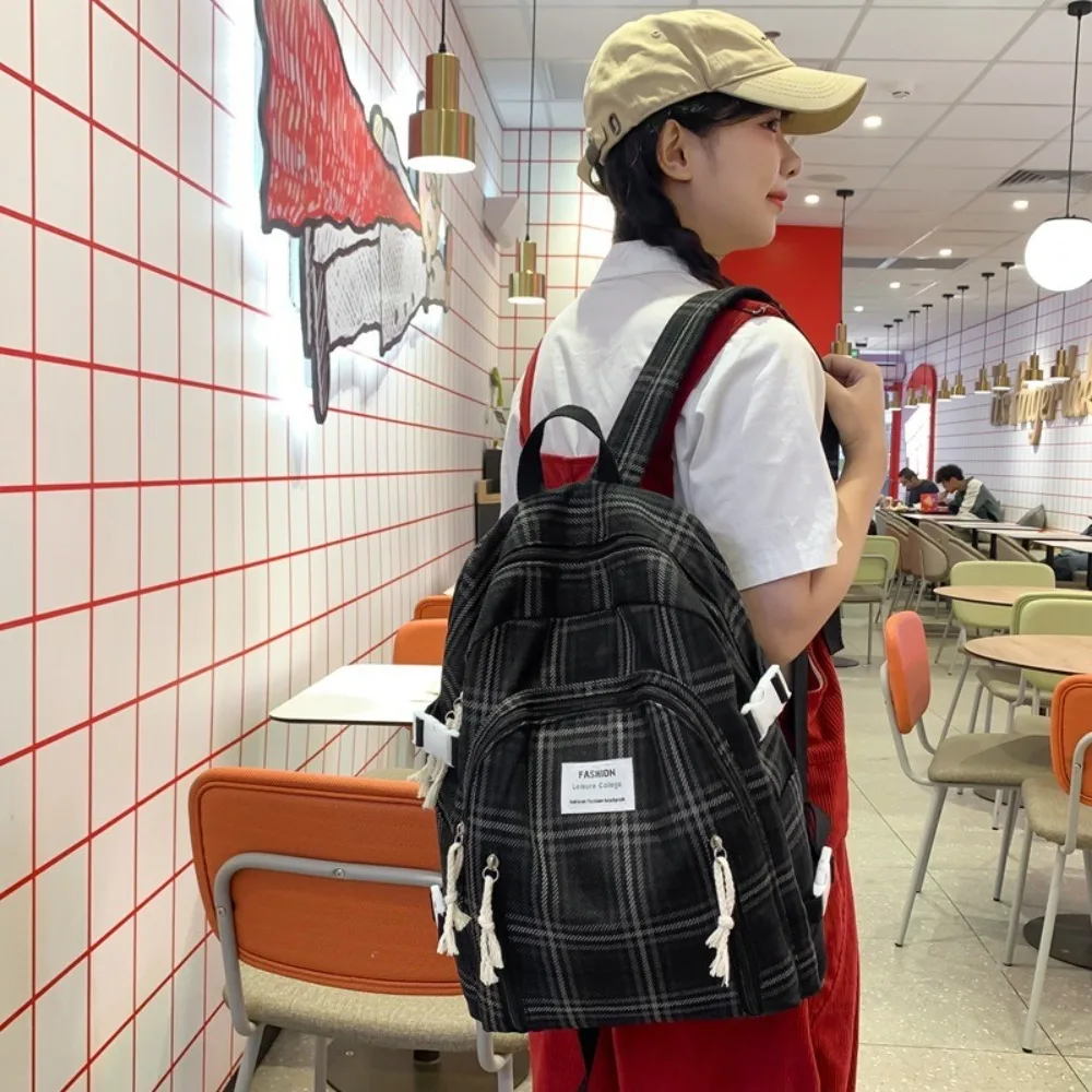 Portable Large Capacity Female Backpack Cotton linen Zipper School Bag Plaid Student Backpack Women