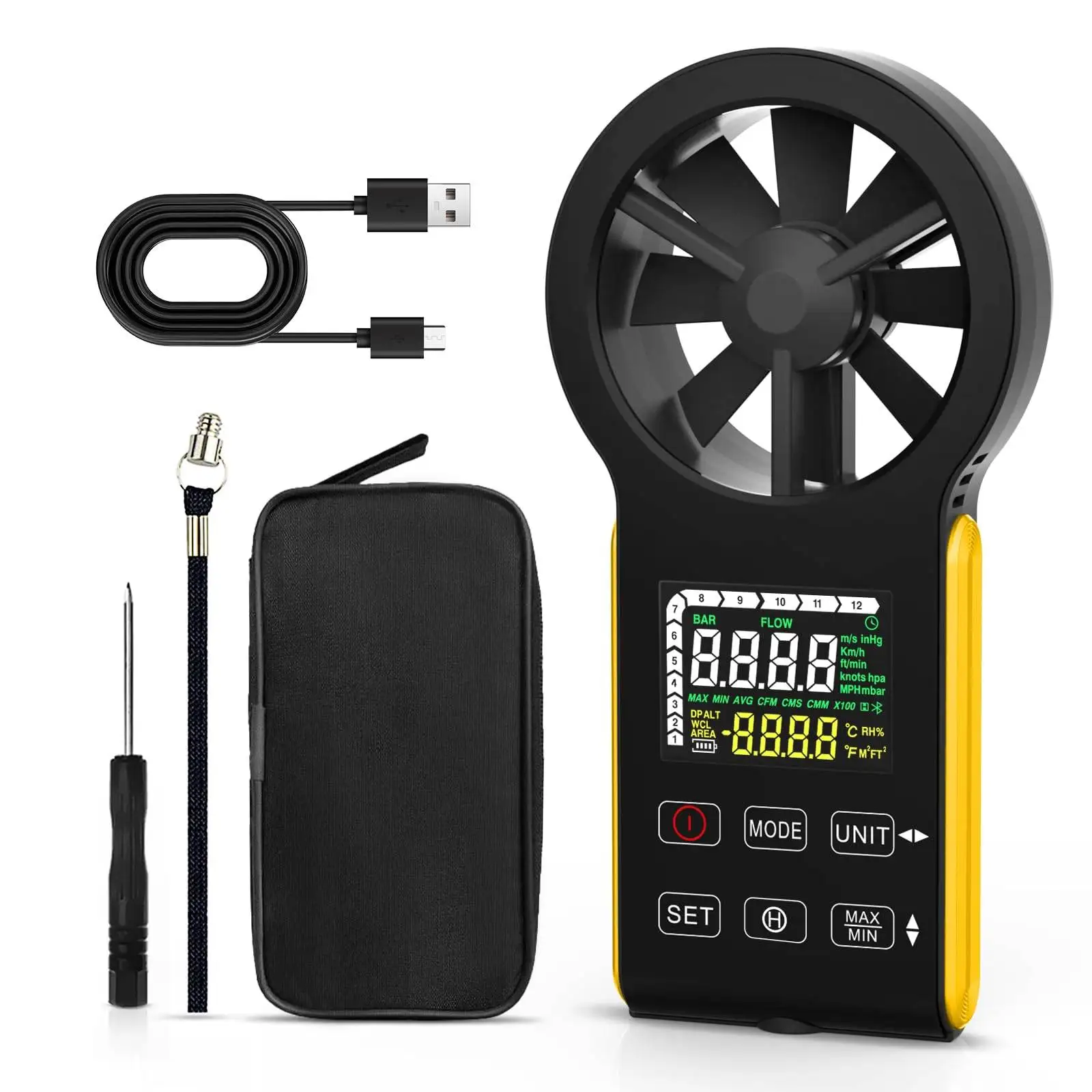 

Rechargeable Waterproof Anemometer with Color Touch Screen - Measures Air Flow (0-999900 ft³/min) & Temperature, Data Hold