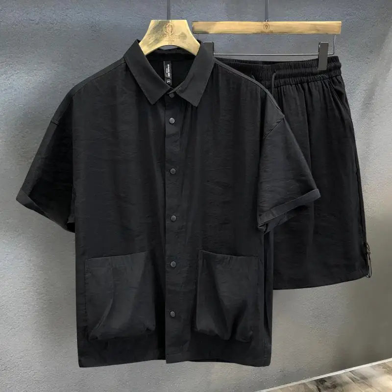 

Plus Size Men's Summer Ice Silk Cooling Fabric Casual Sports Set Up To 661 Lbs Thin Short Sleeve Shirt Fashion Two Piece Outfit