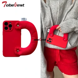 Luxury Handheld Cotton Padded Leather Wristband Phone Case for Iphone 16 15 14 13 12 11 Pro XS Max XR XS Red Soft Silicone Cover