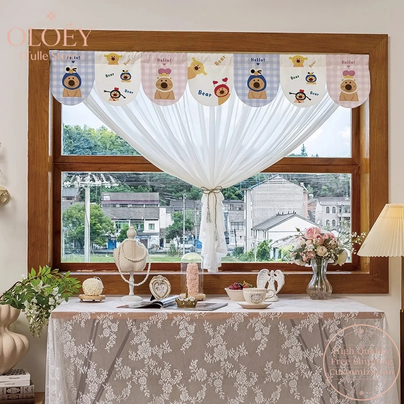 

Cartoon Header Curtains for Bedroom Window Short Privacy Drapes Extendable Rod Integrated Windowsill White Tulle Lace Sunshade
