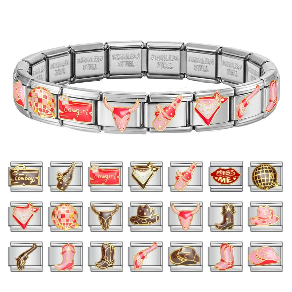 Cowherd Western Cow Hat Italian Charm Vaquero Link Bracelet Stainless Steel 9MM Bead DIY Making Jewelry Gift For Women Men Retro