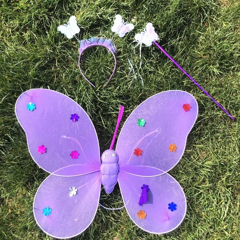 

3-piece Set Children Girls LED Flashing Glowing Butterfly Wing Wand Headband Party Stage Costume Props Kids Luminous Toy Gift