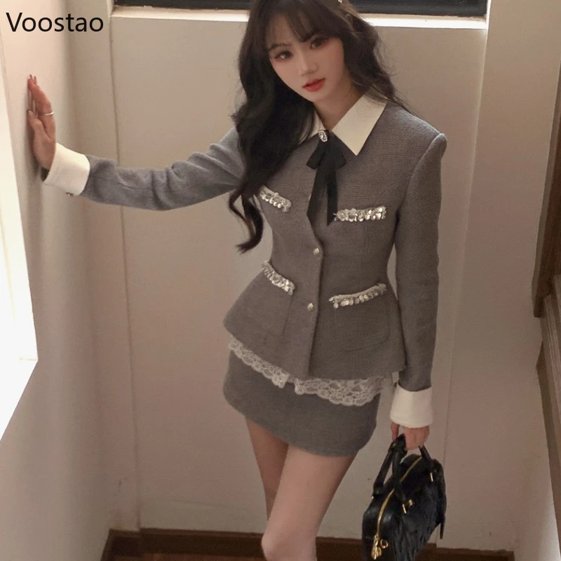 

Elegant Sweet 2 Piece Set Women Fashion Patchwork Lace Slim Button Coat Tops Y2k Mini Skirt Korean Outfits Lady Autumn Chic New