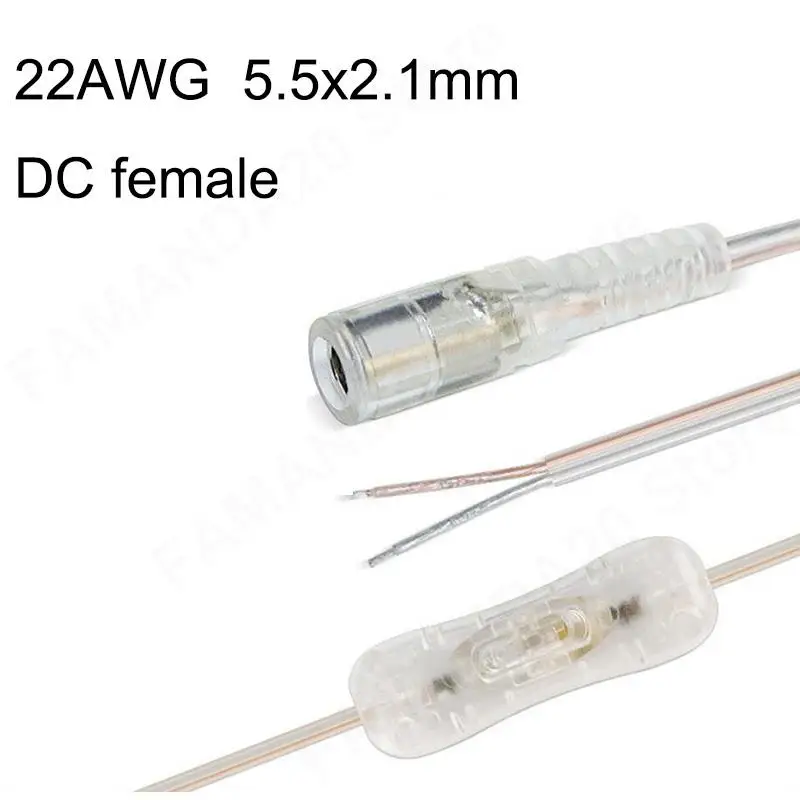 DC 12V Cable Female 304 switch button Connector extension Power supply Cord 22awg for LED Strip Light 5.5x2.1mm transparent m20