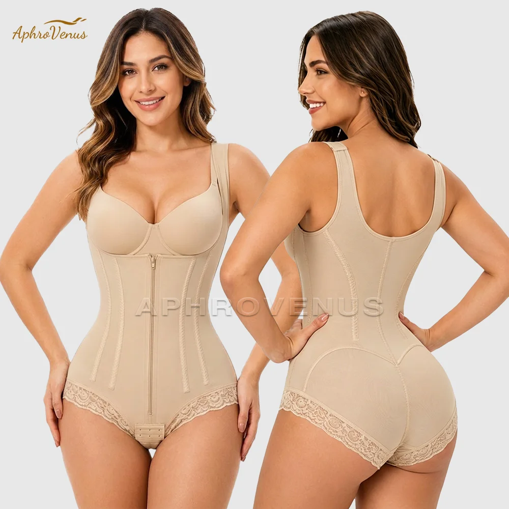 Women Zipper Full Body Shaper Tummy Control Waist Trainer Butt Lift Lace Trim Shapewear Open Bust Postpartum Slimming Underwear