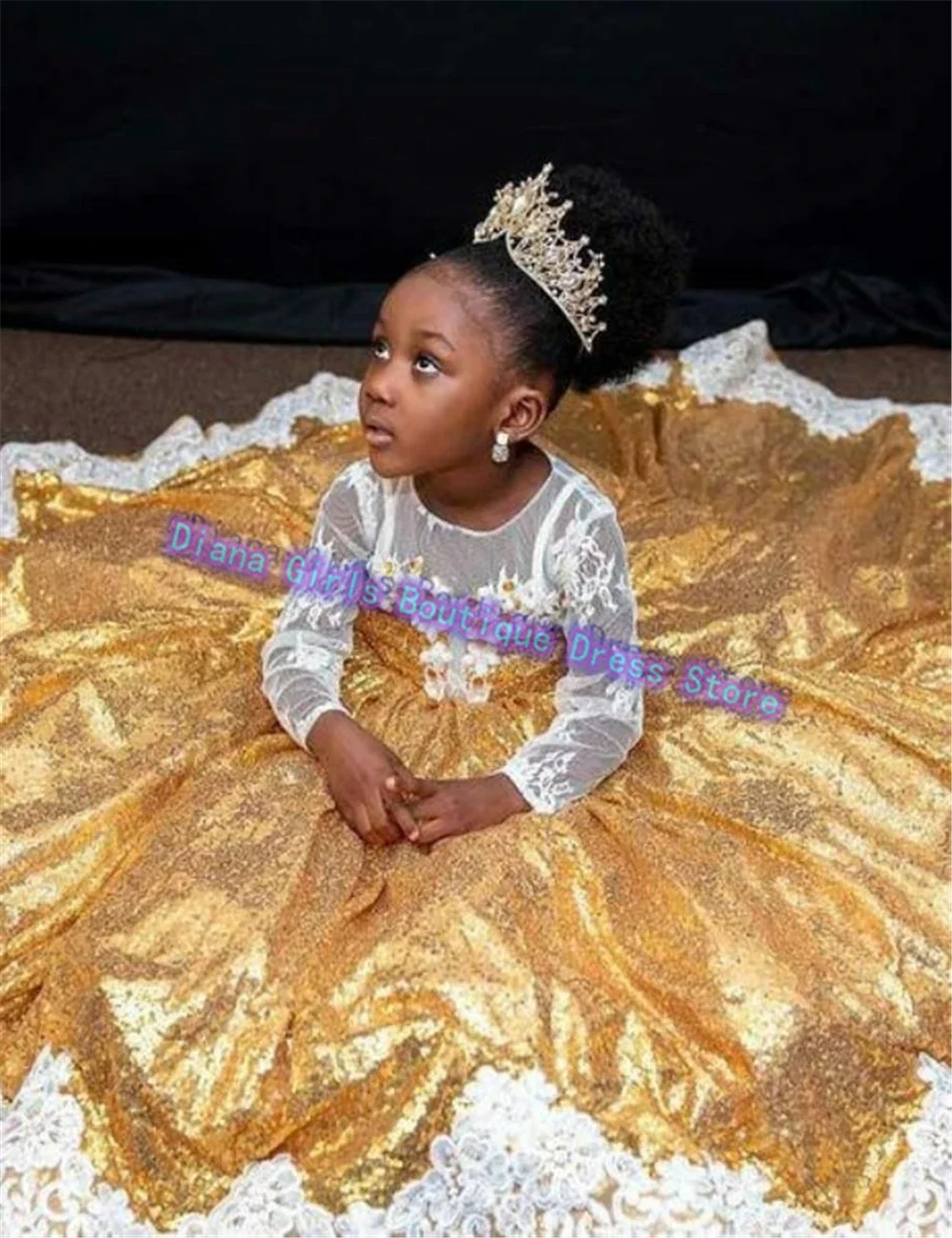 Golden Luxury Flower Girl Dress Full Sleeves Wedding Dresses White Appliqued Princess Girls Birthday Party Gowns Customized