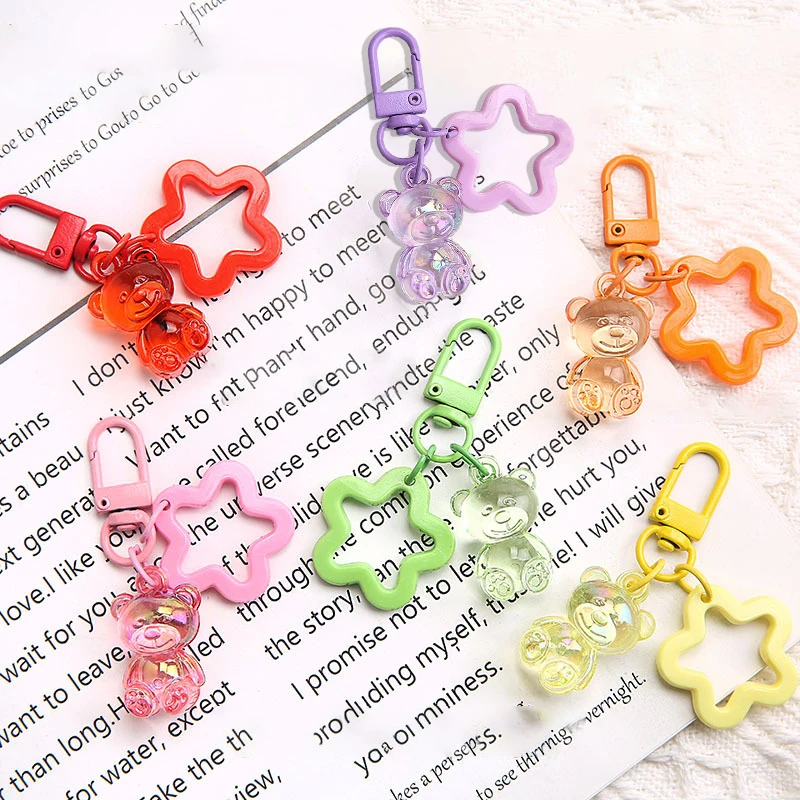 Colorful Five-pointed Star Little Bear Pendant Keychain Candy Color Keyring For Women Girls Backpack Decoration Accessories Gift