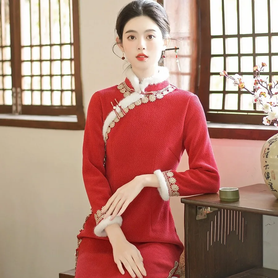 Autumn winter Party Traditiona Chinese Cheongsam Qipao Dress Streetwear Fashion Vintage Casual Elegant Ethnic Style Women's wear