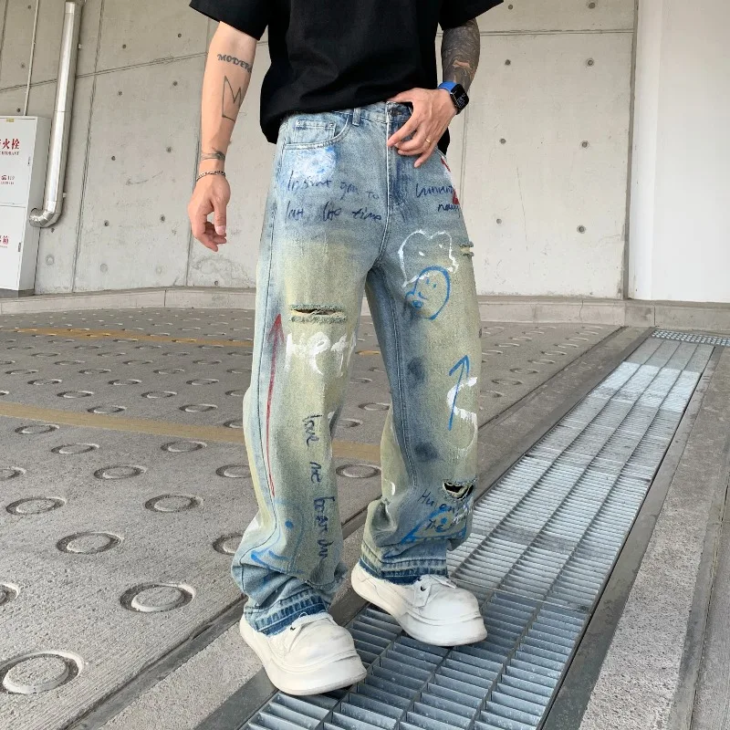 

Men's Graffiti Design Blue Ripped Vibe Jeans Cool Boy Street Bottoms Casual Pants Fashion Wide Leg Trousers Male Sweatpants