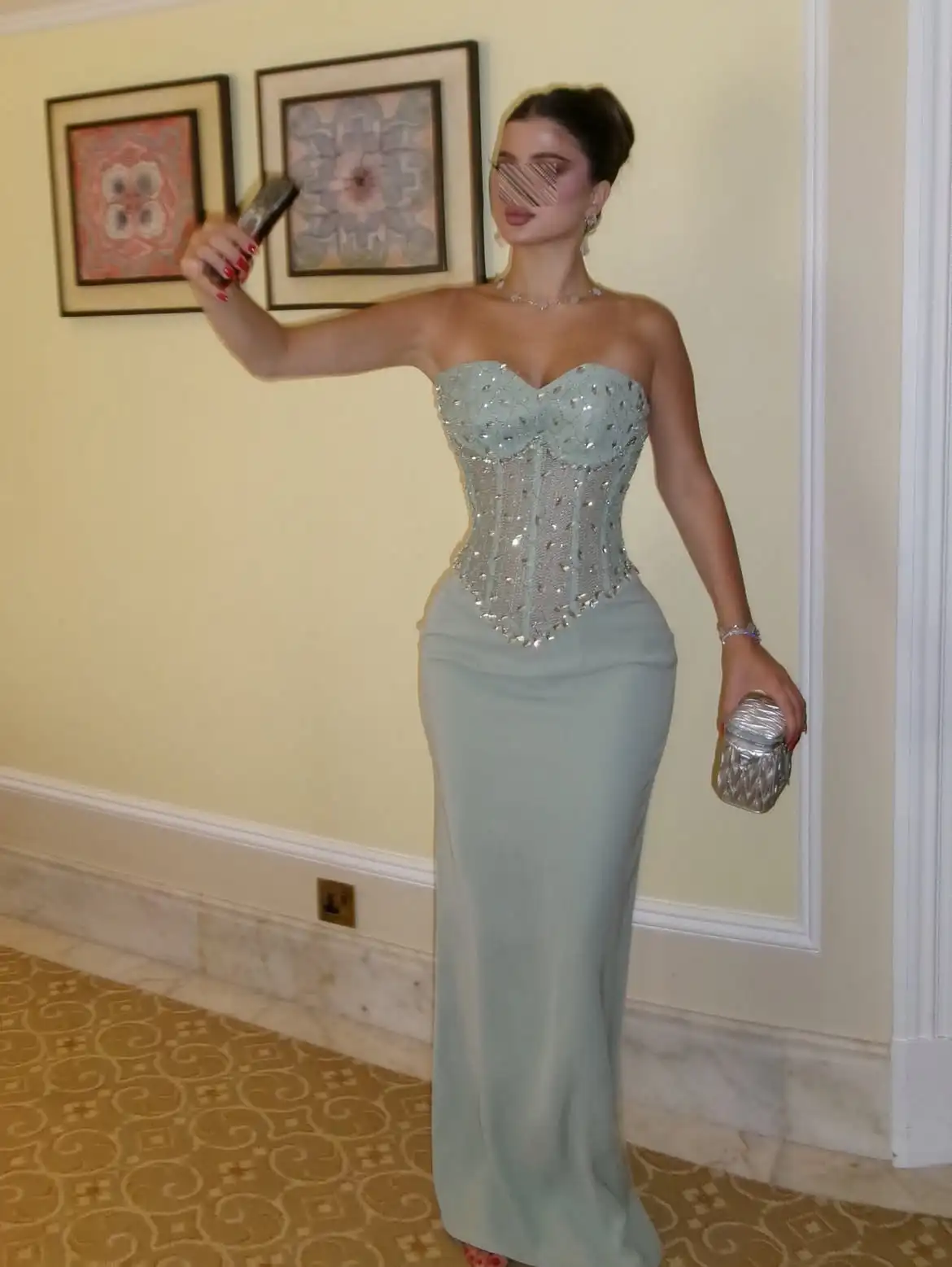 LumiGown Mint Green Strapless Sweetheart Evening Dress Sheer Mesh Beaded Rhinestone Corset Bodice Mermaid Long Formal Party Gown