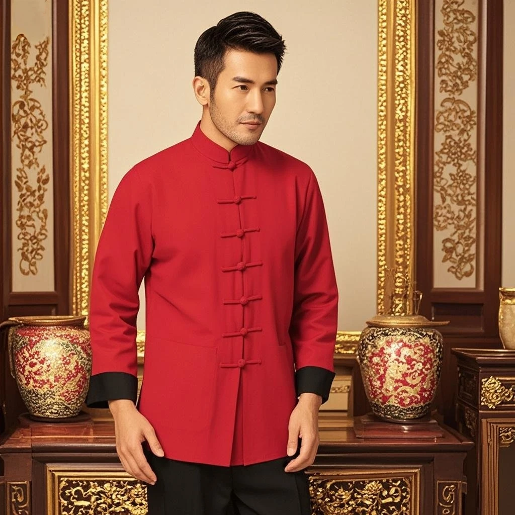 Men Tang Coat Two Way Wear Reversible Kung Fu Jacket Timeless Red Black Beige Blue Outfits  for Meditation Zen Tea Break Look