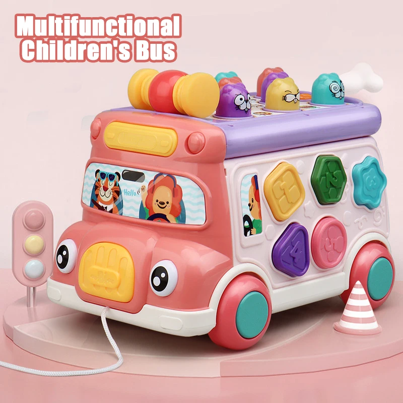 Multifunktionale Kinderbus-Aufbewahrungsautos Whack-A-Mole Musik Lernspiele Kunststoff-Busmodell 0-12 Münder Neugeborenes Geschenk