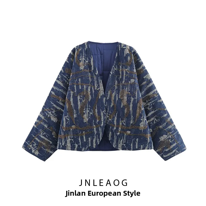 

JNLEAOG Women's Denim Effect Cotton Jaet Summer Autumn Season Beaded Kimono Sle Outerwear Loose Fit Long Sve V Ne