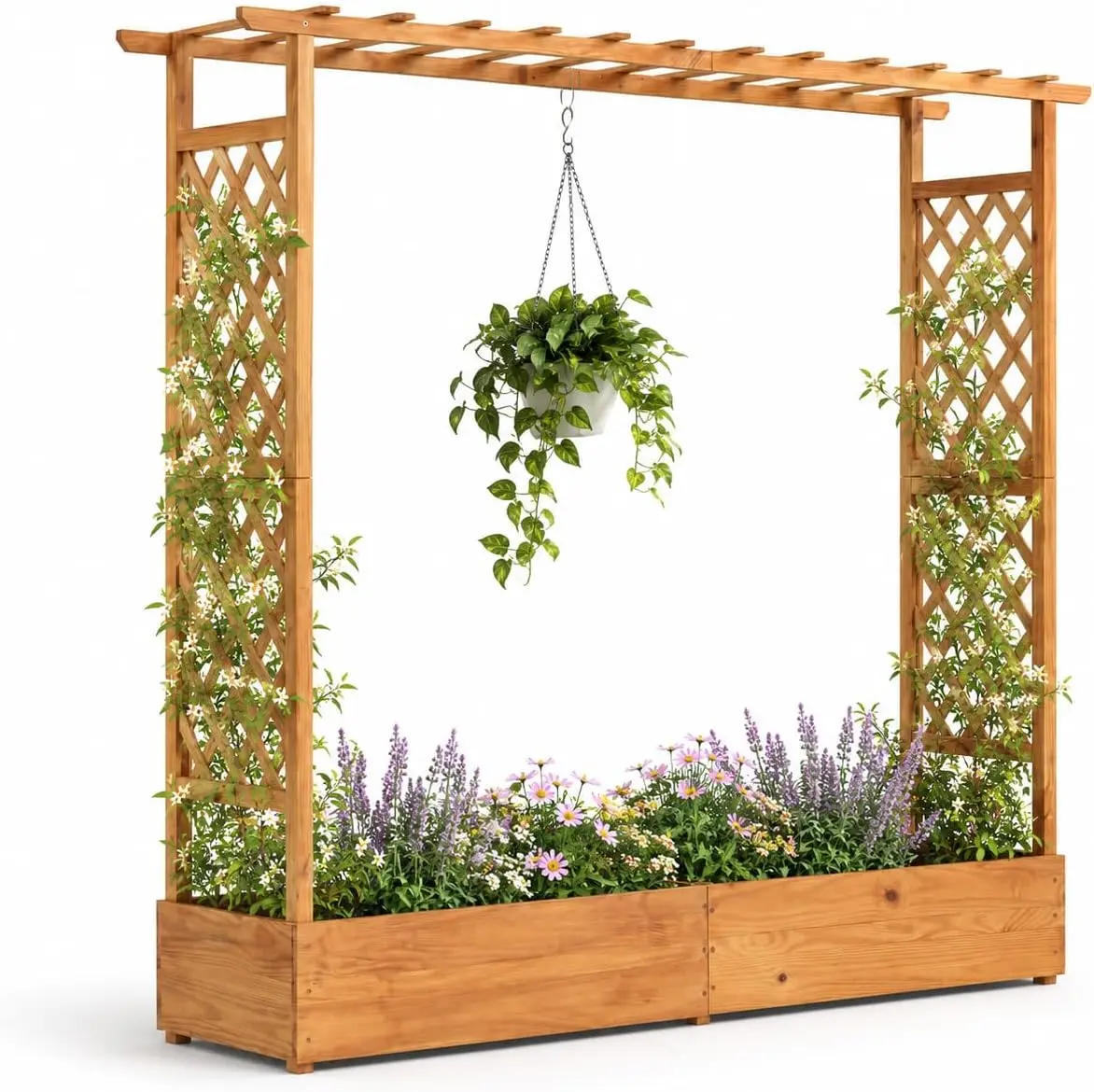 Raised Garden Bed with Trellis & Hanging Roof, 77" Wooden Elevated Planter Box w/Drainage Holes, Freestanding Garden Planter for Climbing Plants Vegetable Herb Flower, Patio Backyard Garden
