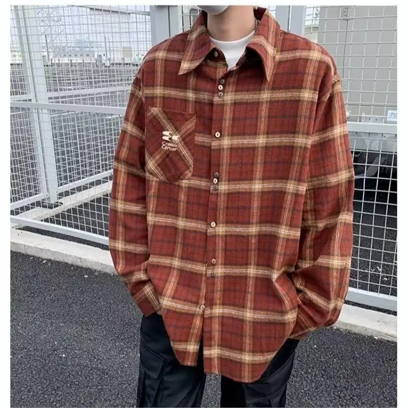 

Spring Large Size 250 Pounds Plaid American Style Men's Long Sleeve Shirt Casual Outerwear Trendy Checkered Patterned Top