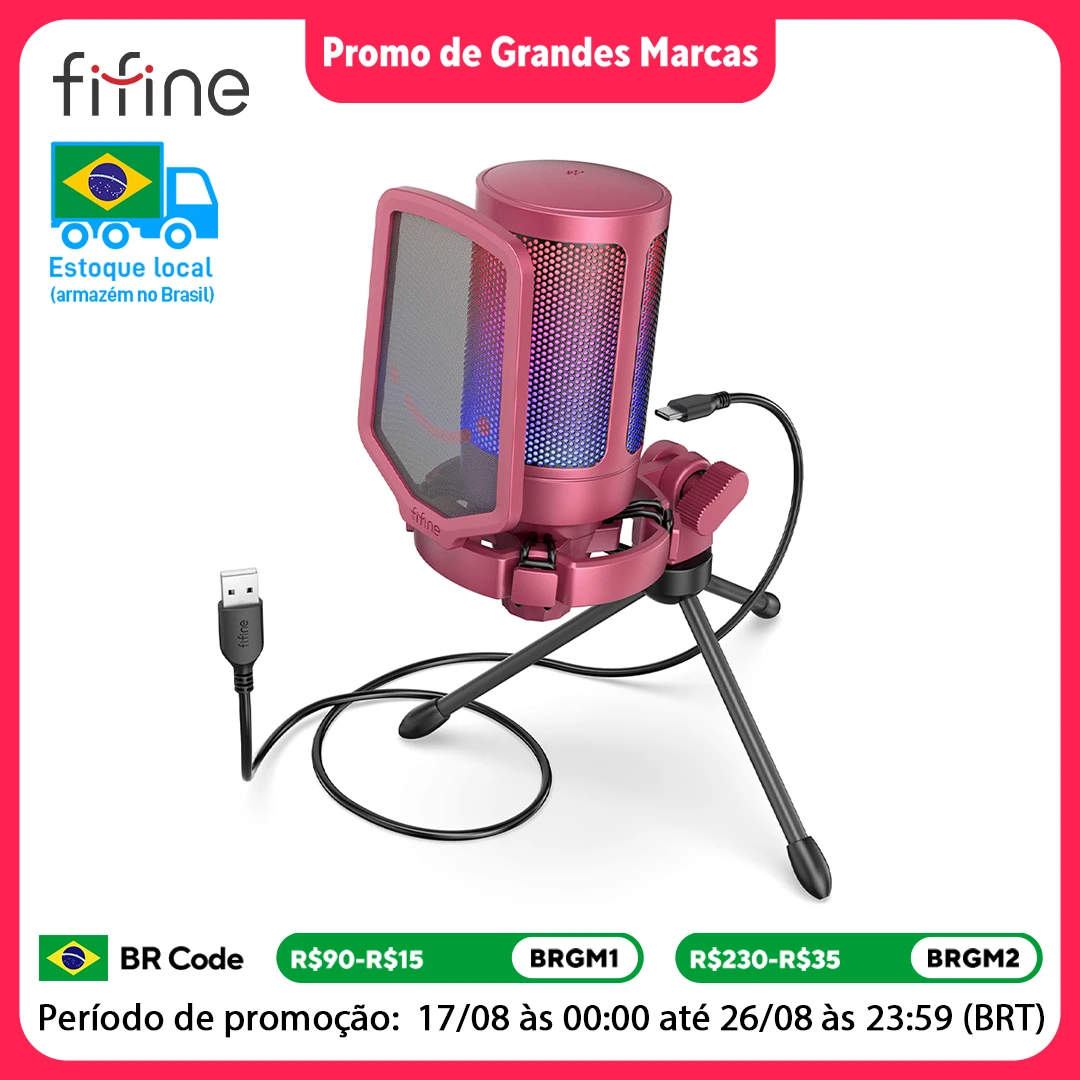 Microfone para jogos USB FIFINE A6V RGB para PC, microfone condensador de streaming com filtro pop, montagem antichoque, controle de ganho, plug & play