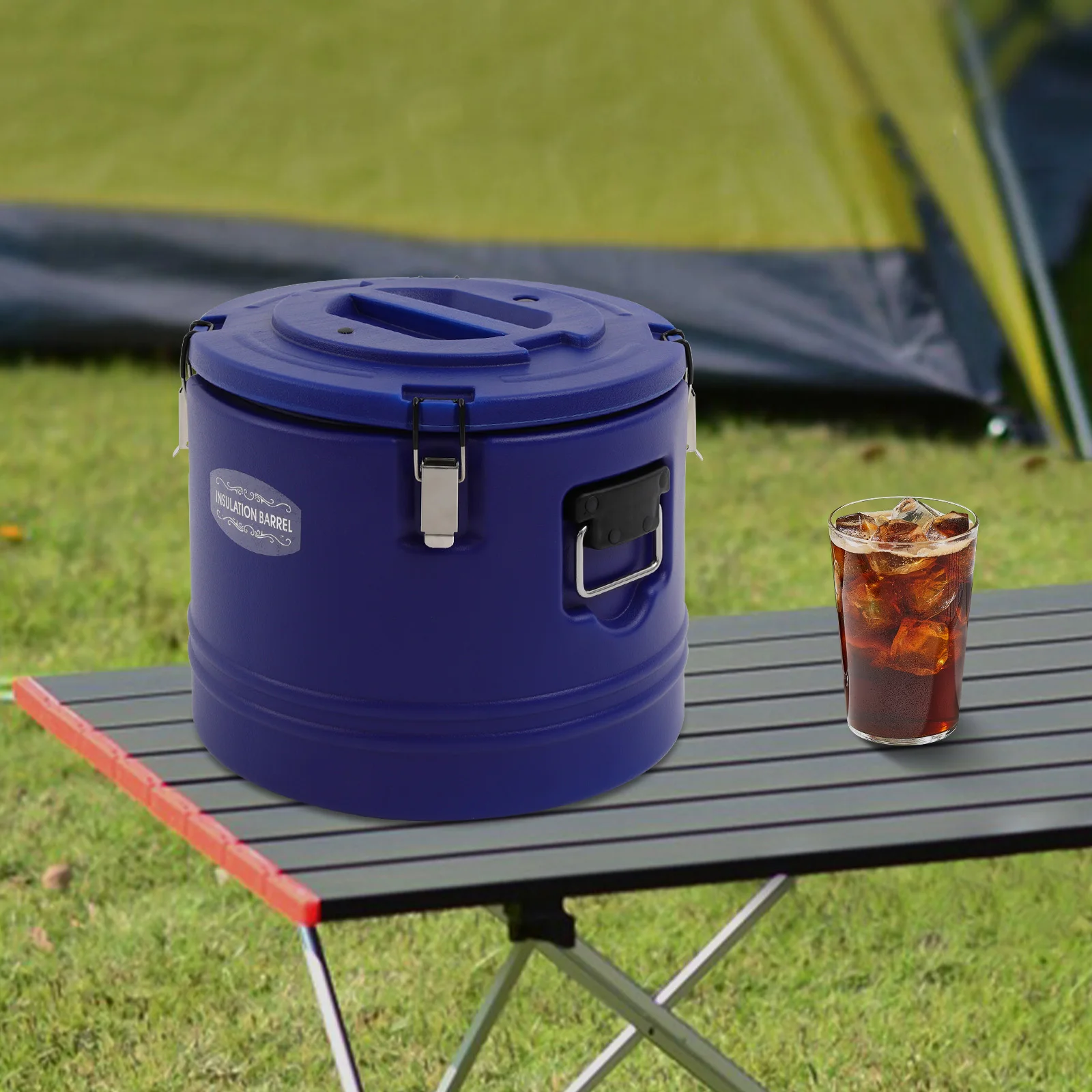 

30L/31.7Qt Portable Stainless Steel Insulated Soup Container Seal in Freshness, Round Commercial Insulated Bucket, for Family Picnics Gatherings (Blue)