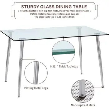 Skleněný jídelní stůl pro 4 osoby s deskou z čirého obdélníkového skla o průměru 51 palců, moderní kuchyňský nábytek z tvrzeného skla o tloušťce 0,31 8 nejlepší prodej stoly z tvrzeného skla - №6