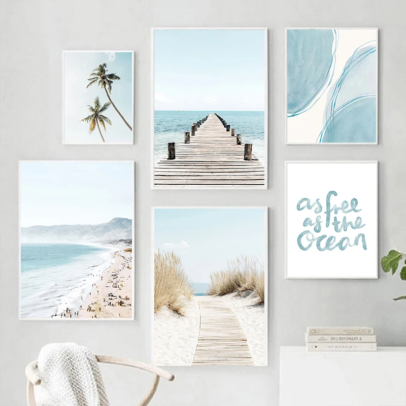 Ocean Beach Bridge Wall Art Canvas Paintings Sea Palm Tree Leaves Bus Posters Nordic Living Room Prints Pictures for Home Decor