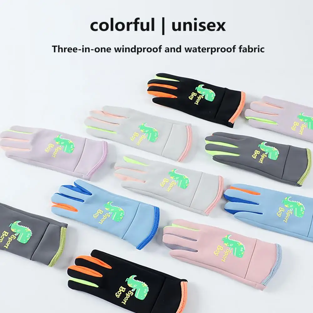 Windproof Gloves Winter Warm Gloves Water-resistant Cartoon Print Kids Cycling Gloves Outdoor Thermal Mittens with for Winter