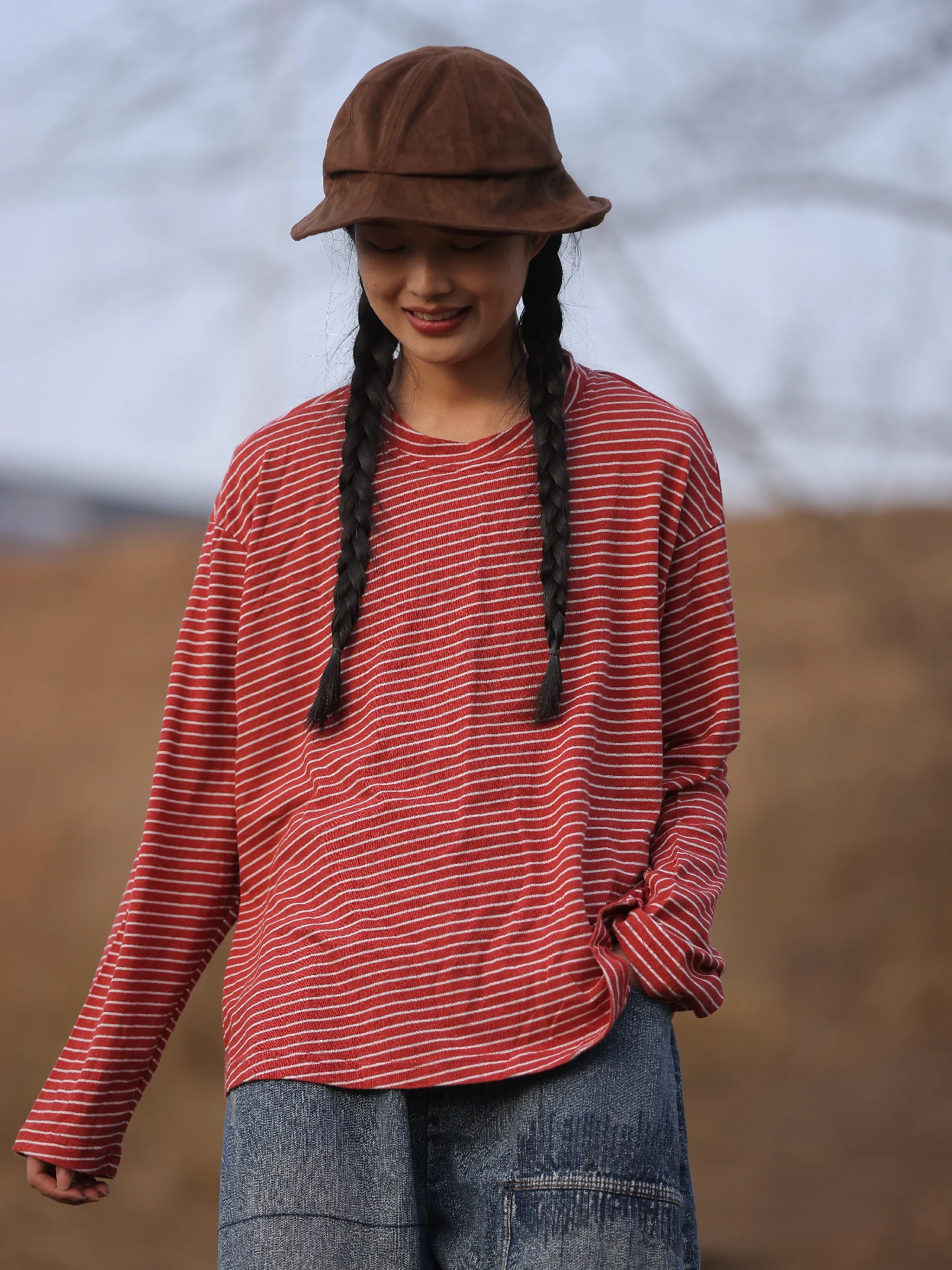 

Spring Wind Weave Pattern Tea Cotton Linen Vintage Artistic Striped T-irt Soft Skin-friendly Loose oulder Drop Long Sv...