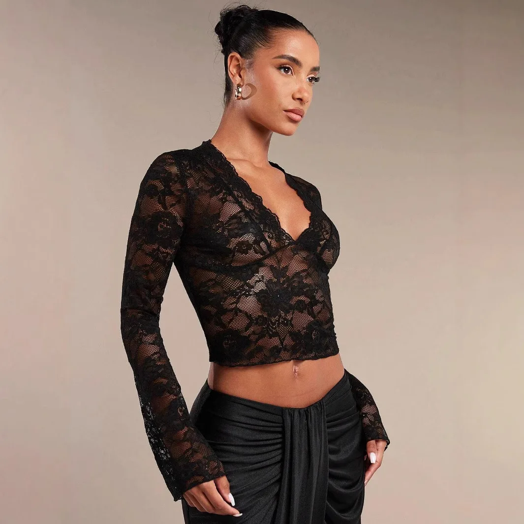 Summer Fashion Women's Lace Cropped Top Slim Fit Elegant Commute Comfort Casual Daily Wear Flare Sleeve V Neck Versatile T-shirt