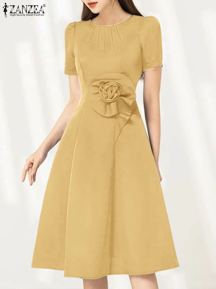 ZANZEA Stylish Fabric Flower Satin Knee-Length Dress Women Elegant Pintuck O-Neck Short Sleeve Fitted Waist A-Line Robes Femme - Image 5