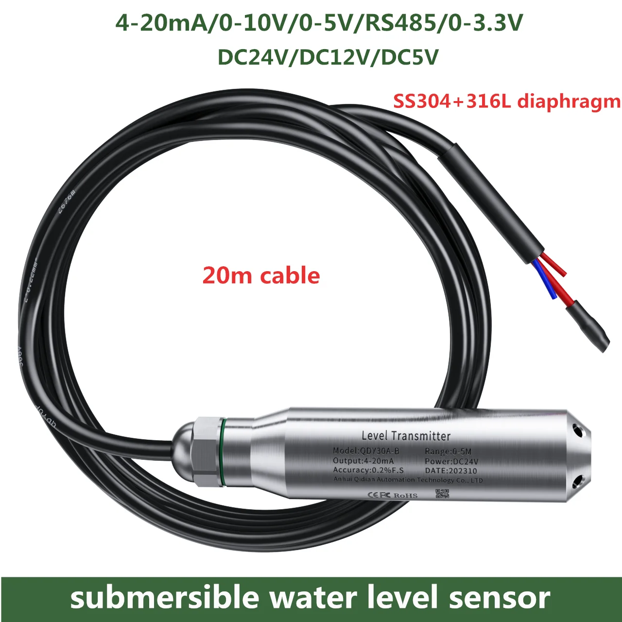 25m cable water level sensor 316l diaphragm 4-20mA 0-3.3v Output Submersible level sensor Water Tank Liquids Transducer