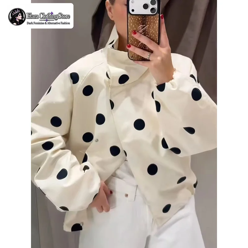 Women Vintage Polka Dot Bomber Jacket Oversized Stand Collar Snap Button Front Long Sleeve Spring Casual Streetwear Outerwear