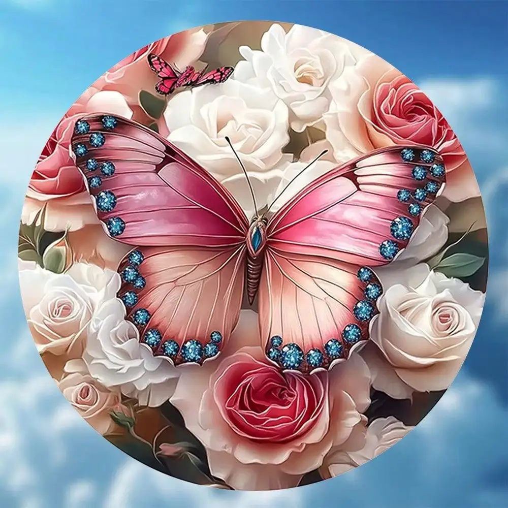 Vintage Butterfly Rose Aluminum Sign 8 Inch Round Metal Wall Art Floral Decor for Home Living Room