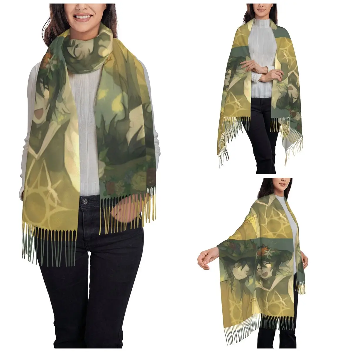 Azuretime Anime Scarf for Women Winter Warm Pashmina Shawls and Wrap Azure Two Time Game Large Scarves with Tassel Lightweight