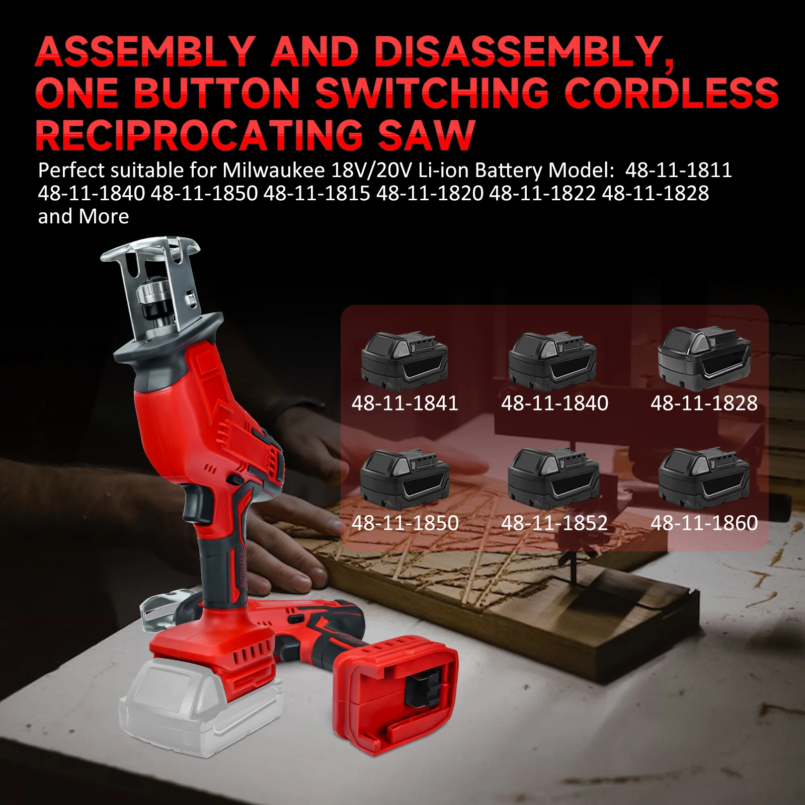 Cordless Reciprocating Saw 0-3000 SPM Variable Speed Electric Saber Saw Wood PVC Cutting for Milwaukee 18V Battery (No Battery)