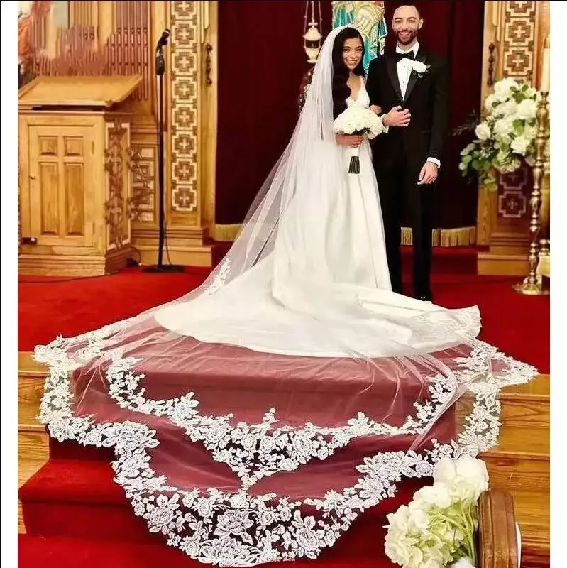 Véus de noiva de luxo 3m 1l longo véu rendas apliques catedral comprimento casamento tule véus livre pente