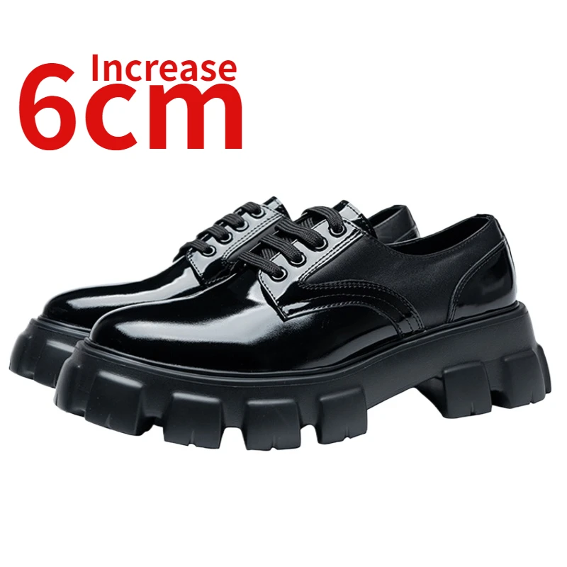 

British Bright Heightening Derby Shoes for Men Increase 6cm Genuine Leather Thick Bottom Elevated Round Toe Casual Leather Shoes