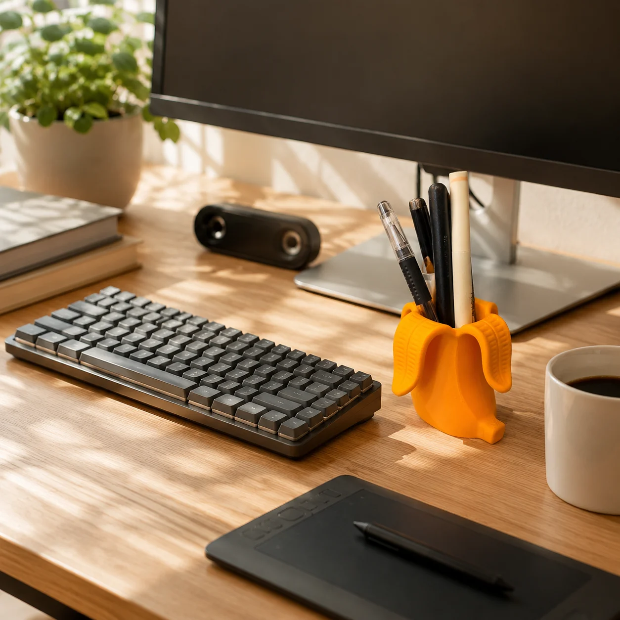 Lovely Desk Decor Curved Banana Storage Holder 3D Printed Practical Tabletop Organizer Cup for Pencils & Makeup Brushes