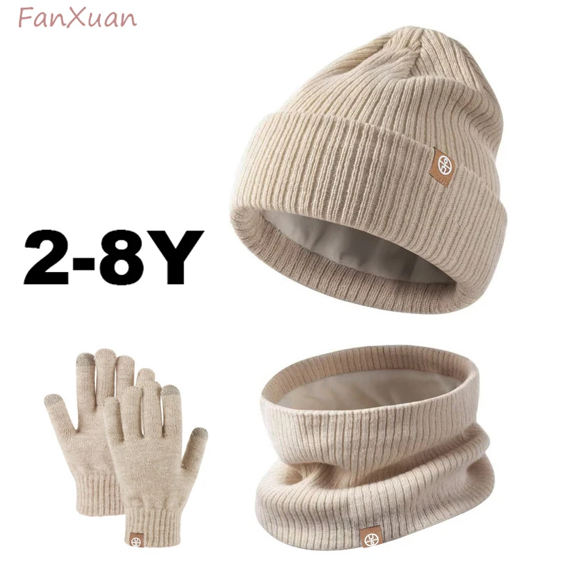 

3pcs Winter Set for Children Knit Striped Beanies Kids Scarf Double Layer Plush Lining Winter Hat Snood Gloves Set for Girl Boy