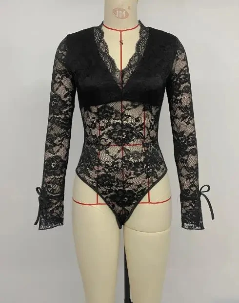 

New Autumn Women's Lace-Spliced Long Sleeve V-Neck One-Piece Pants Temperament Female Fashion Sexy Skinny Bodysuits