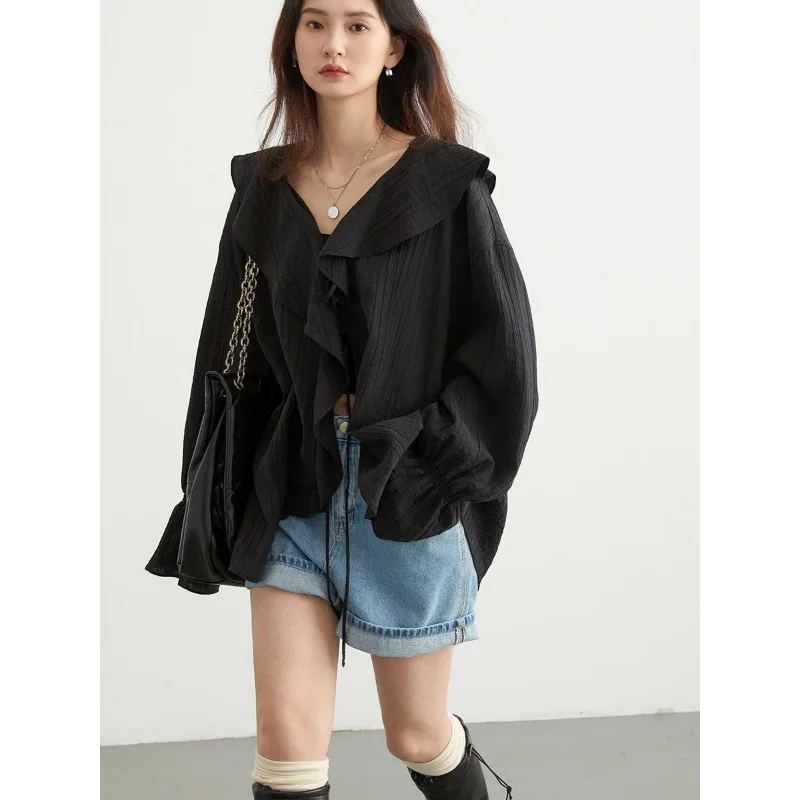 

Women's Ruffled V Neck Button Front Blouse Casual Loose Fit Short Sleeve Shirt