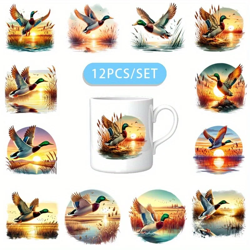 

Набор из 12 шт. декоративных самоклеящихся УФ DTF пленок для тумблеров с изображением диких уток в сезон охоты