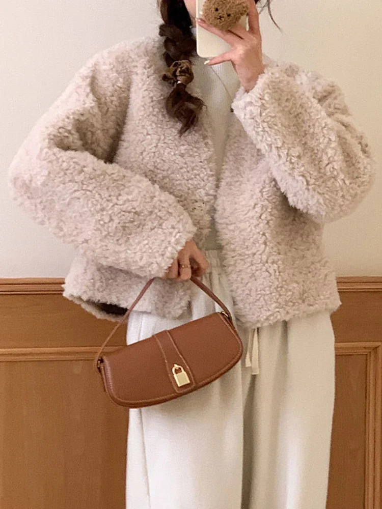 Winter New Women\'s Warm Commuting Style Fashionable Jacket Loose Cardigan Lamb Wool Simulation Fur Fur Integrated Short Coat