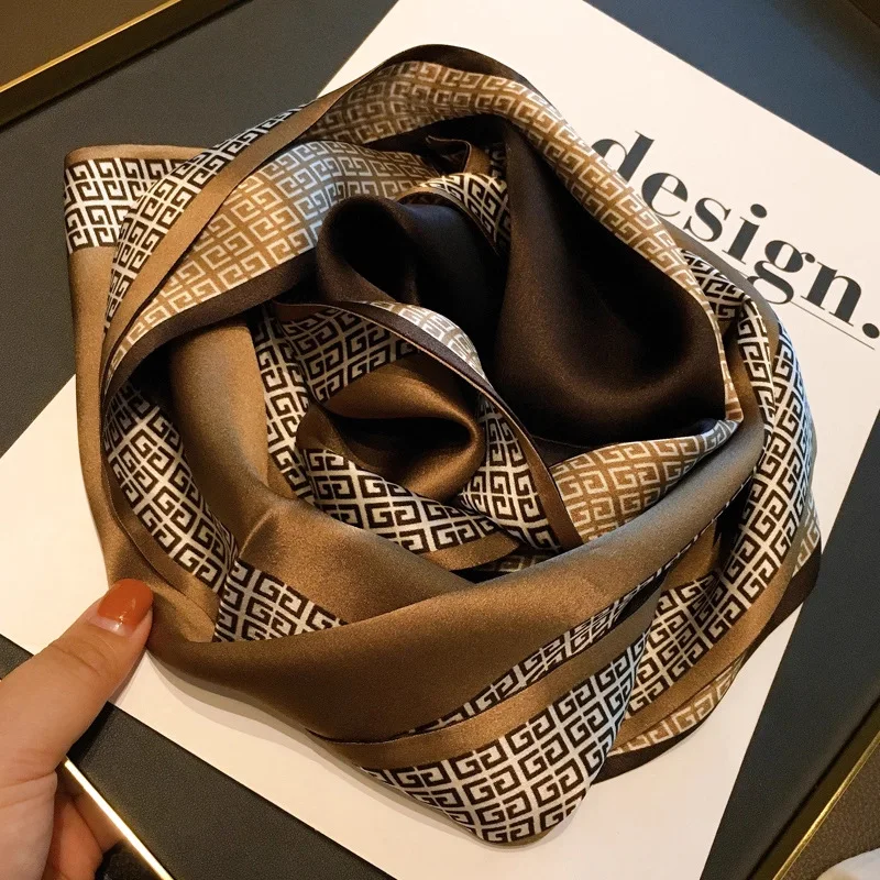 

Classic Brown Coffee Color Block Satin Scarf Women Versatile Neckerchief Hair Ribbon Bag Decoration Office Lady Fashion Shawl